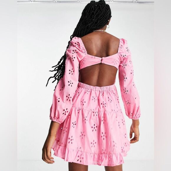 ASOS DESIGN Long Sleeve Broderie Tiered Eyelet Mini Skater Dress Women’s 14 - Picture 10 of 13